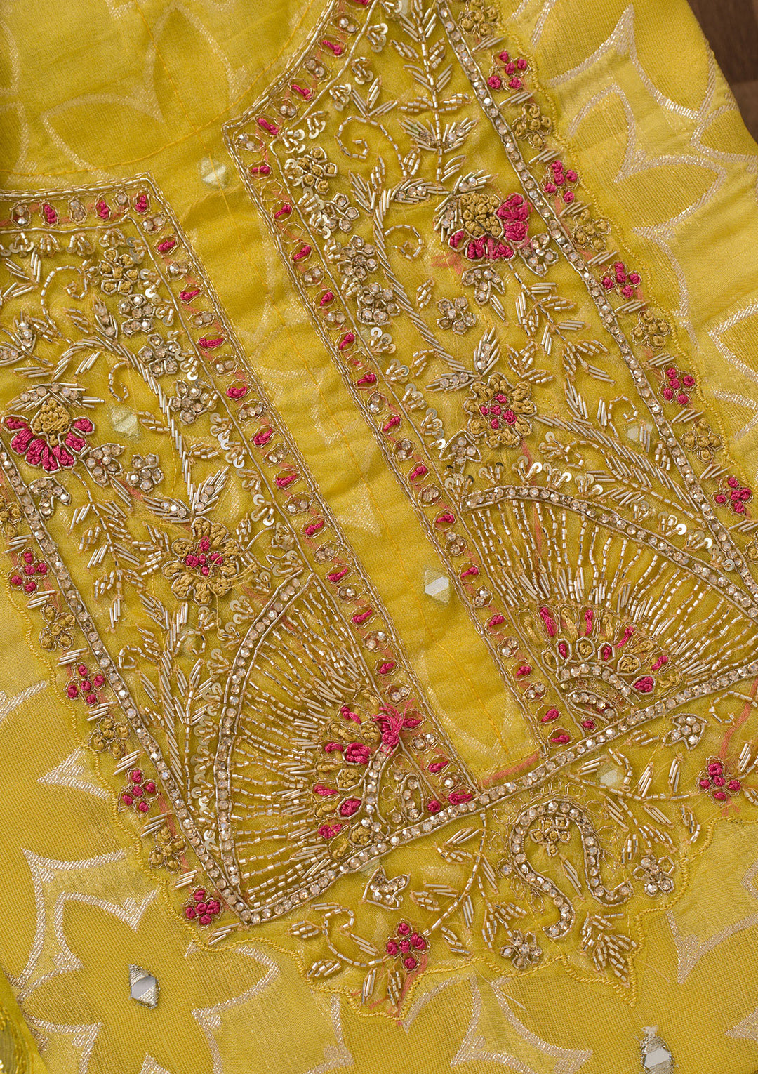 Yellow Zariwork Semi Crepe Unstitched Salwar Suit