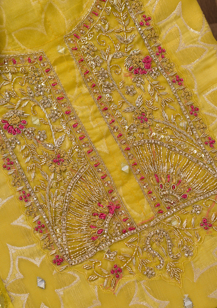 Yellow Zariwork Semi Crepe Unstitched Salwar Suit