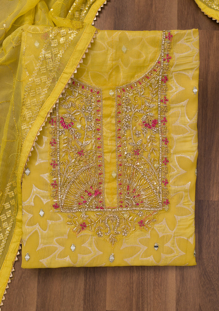 Yellow Zariwork Semi Crepe Unstitched Salwar Suit