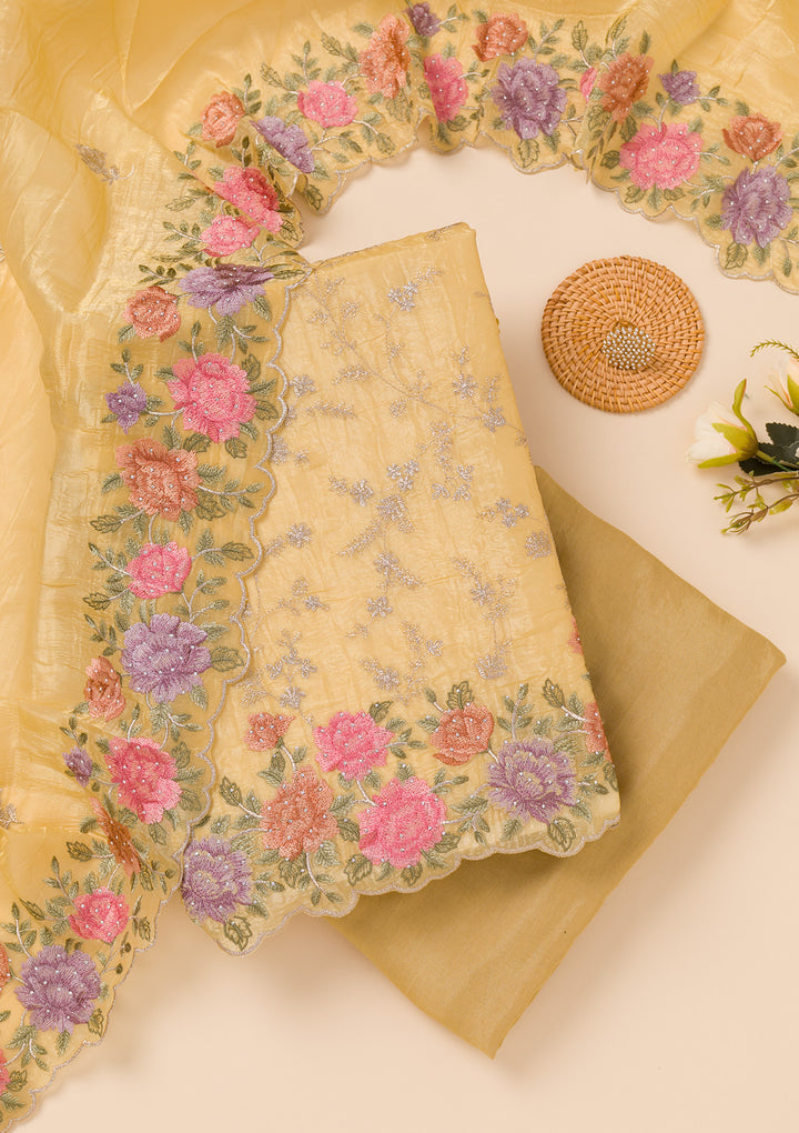 Yellow Zariwork Semi Crepe Unstitched Salwar Suit