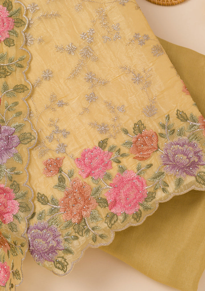 Yellow Zariwork Semi Crepe Unstitched Salwar Suit
