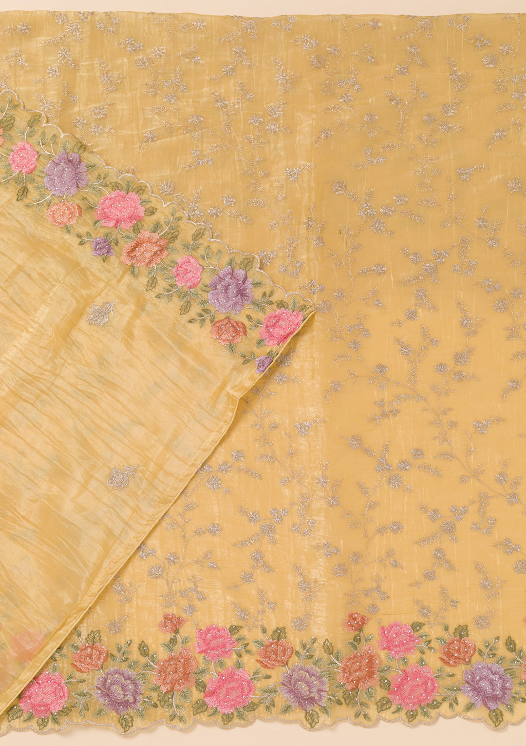 Yellow Zariwork Semi Crepe Unstitched Salwar Suit