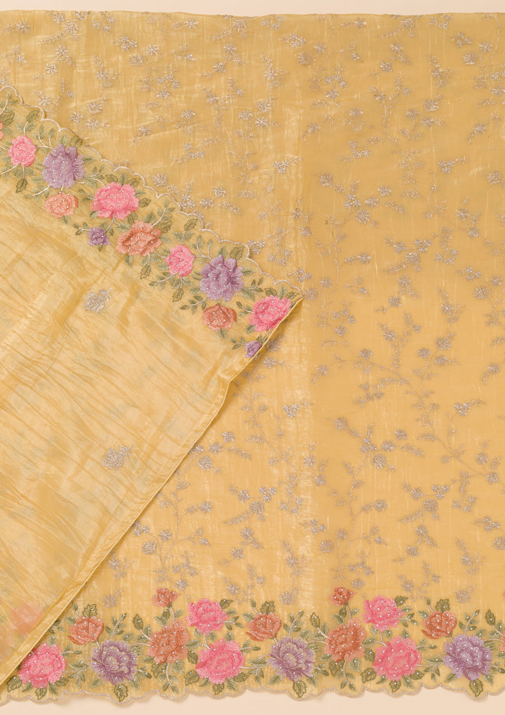 Yellow Zariwork Semi Crepe Unstitched Salwar Suit
