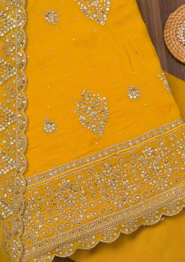 Yellow Zariwork Semi Crepe Unstitched Salwar Suit