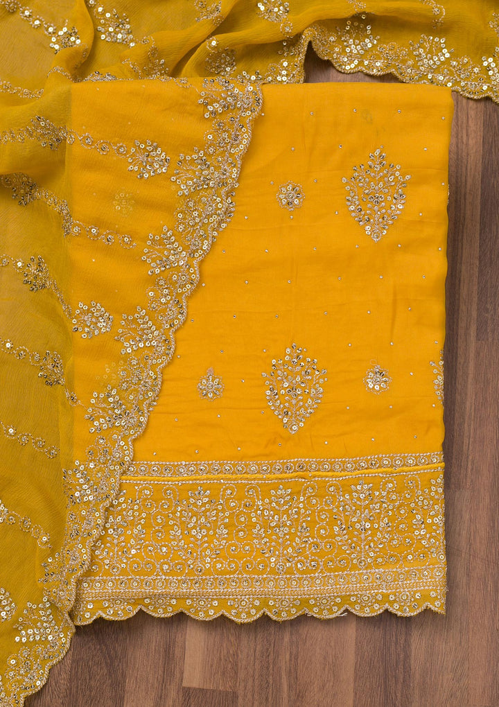Yellow Zariwork Semi Crepe Unstitched Salwar Suit