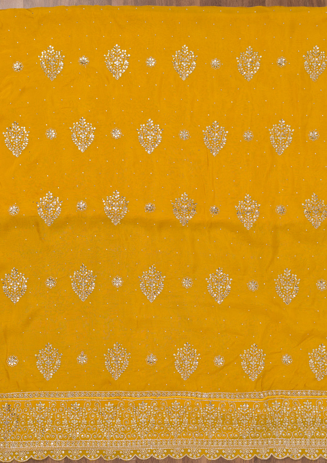 Yellow Zariwork Semi Crepe Unstitched Salwar Suit