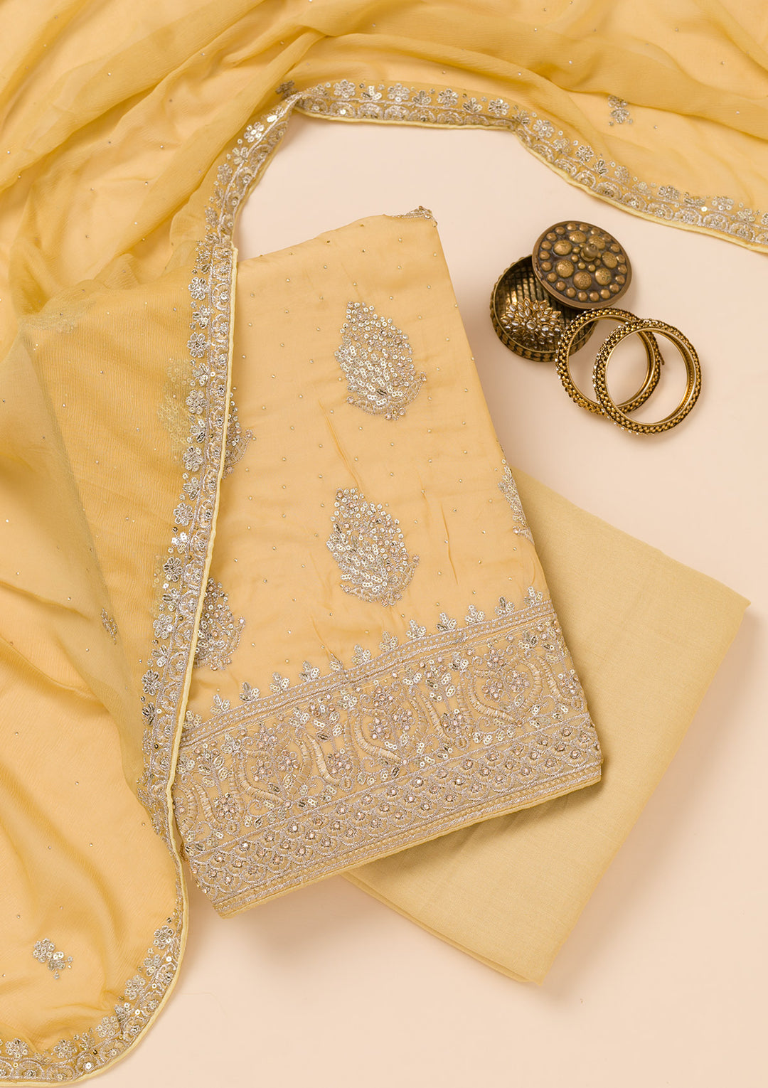 Yellow Zariwork Semi Crepe Unstitched Salwar Suit