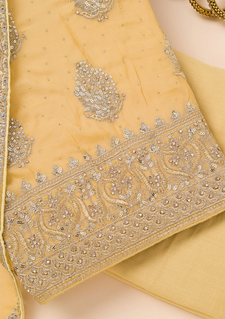 Yellow Zariwork Semi Crepe Unstitched Salwar Suit