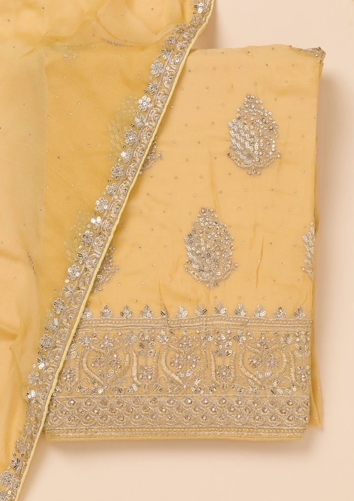 Yellow Zariwork Semi Crepe Unstitched Salwar Suit
