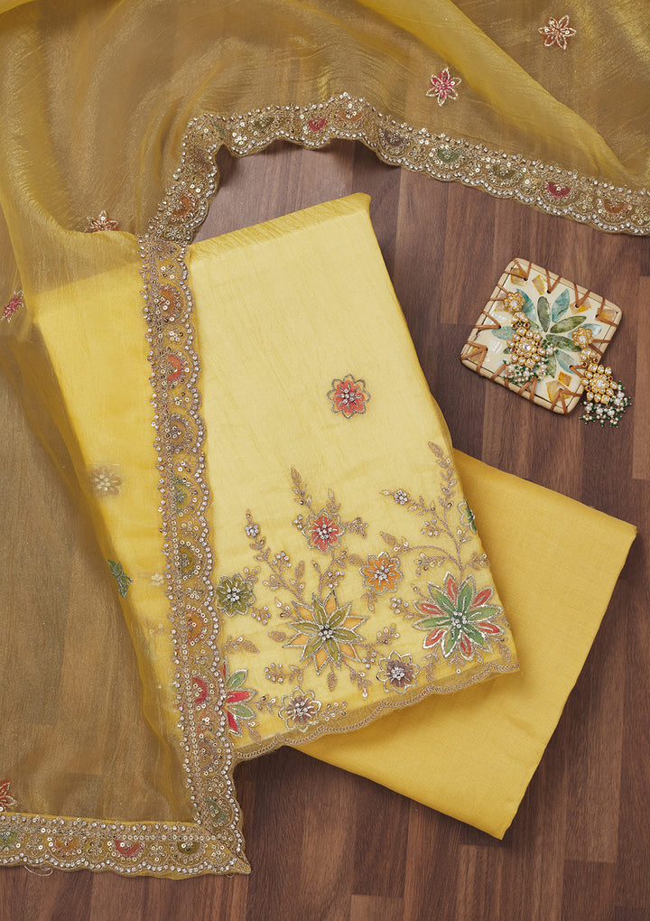 Yellow Zariwork Semi Crepe Unstitched Salwar Suit