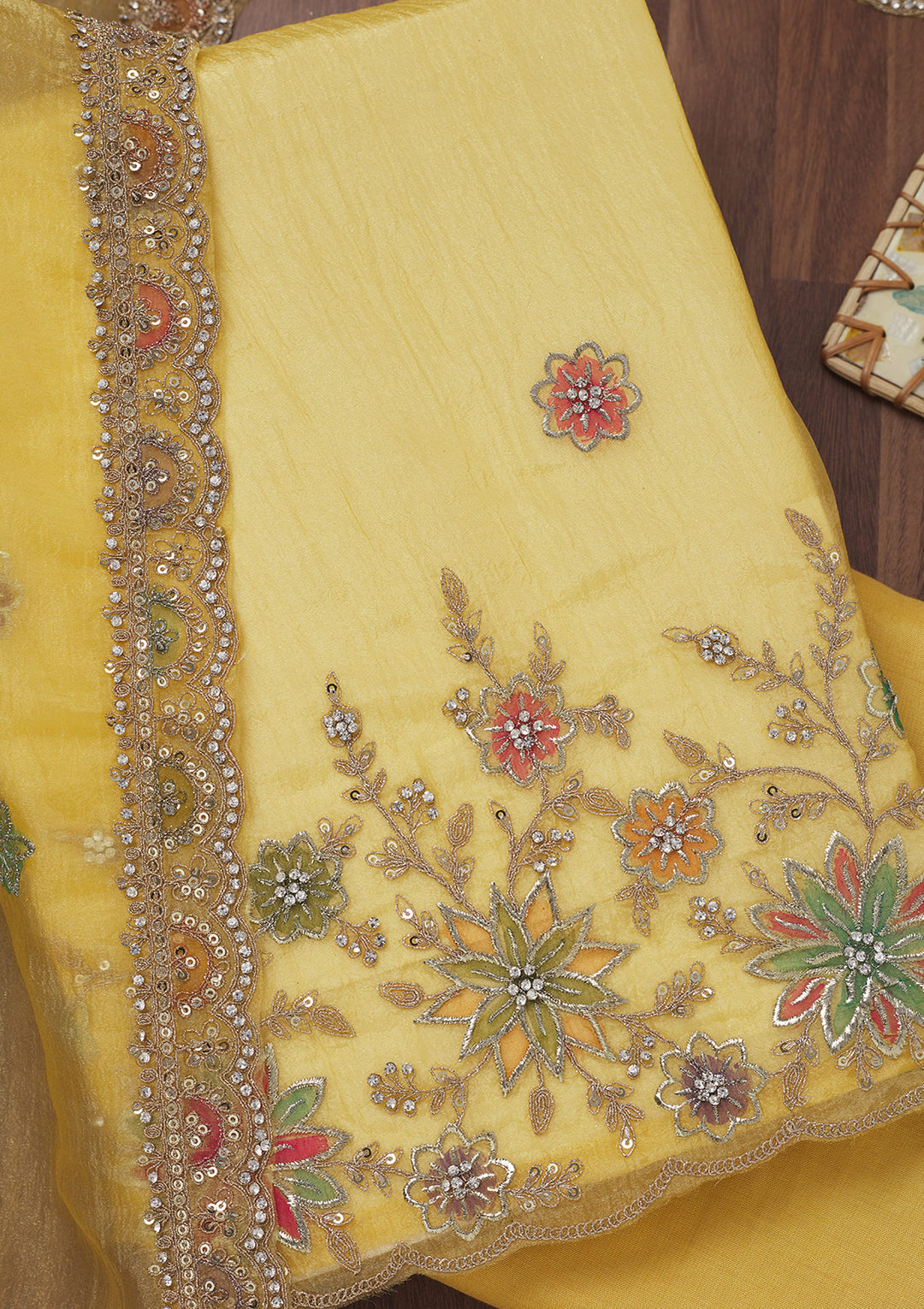 Yellow Zariwork Semi Crepe Unstitched Salwar Suit