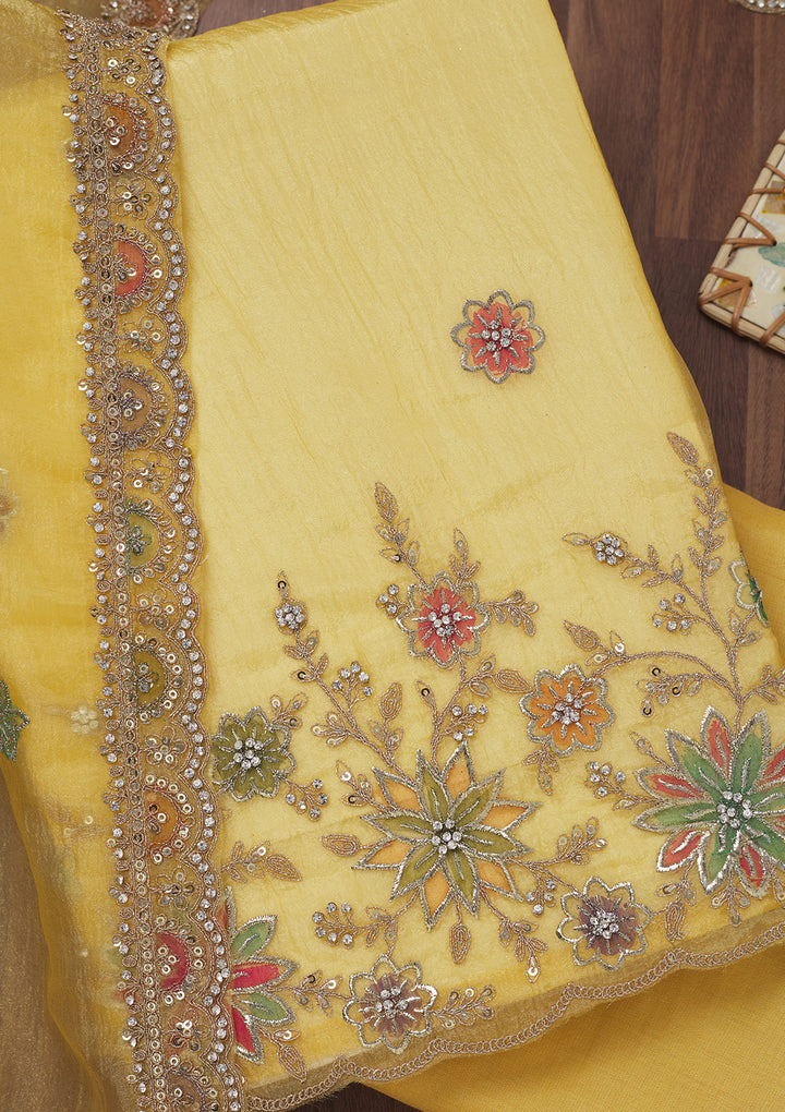 Yellow Zariwork Semi Crepe Unstitched Salwar Suit