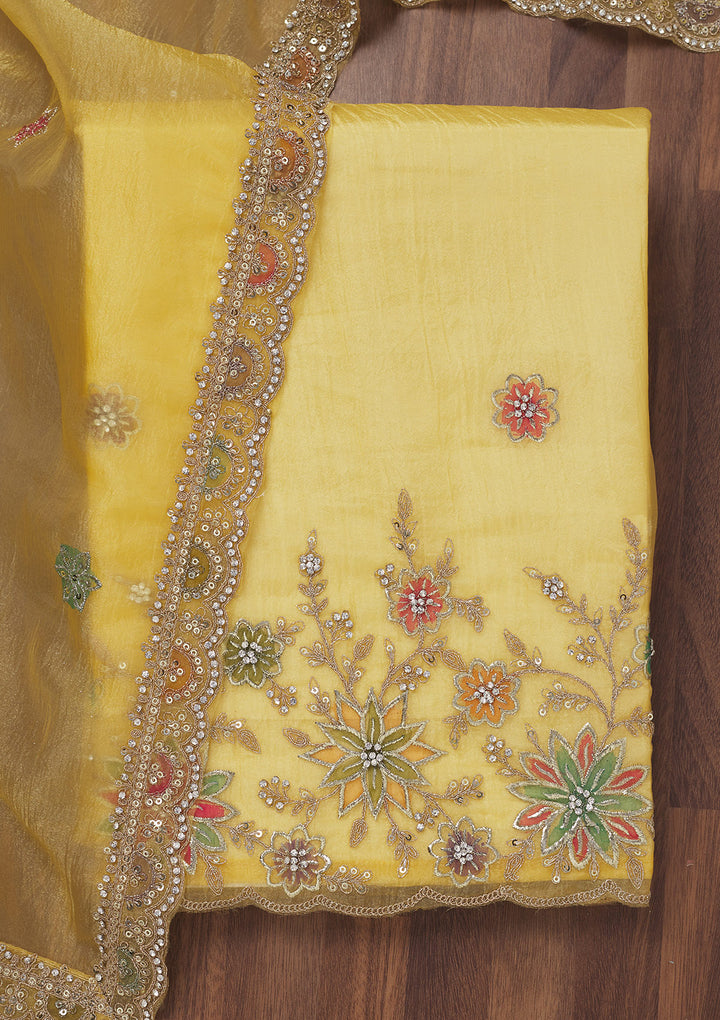 Yellow Zariwork Semi Crepe Unstitched Salwar Suit
