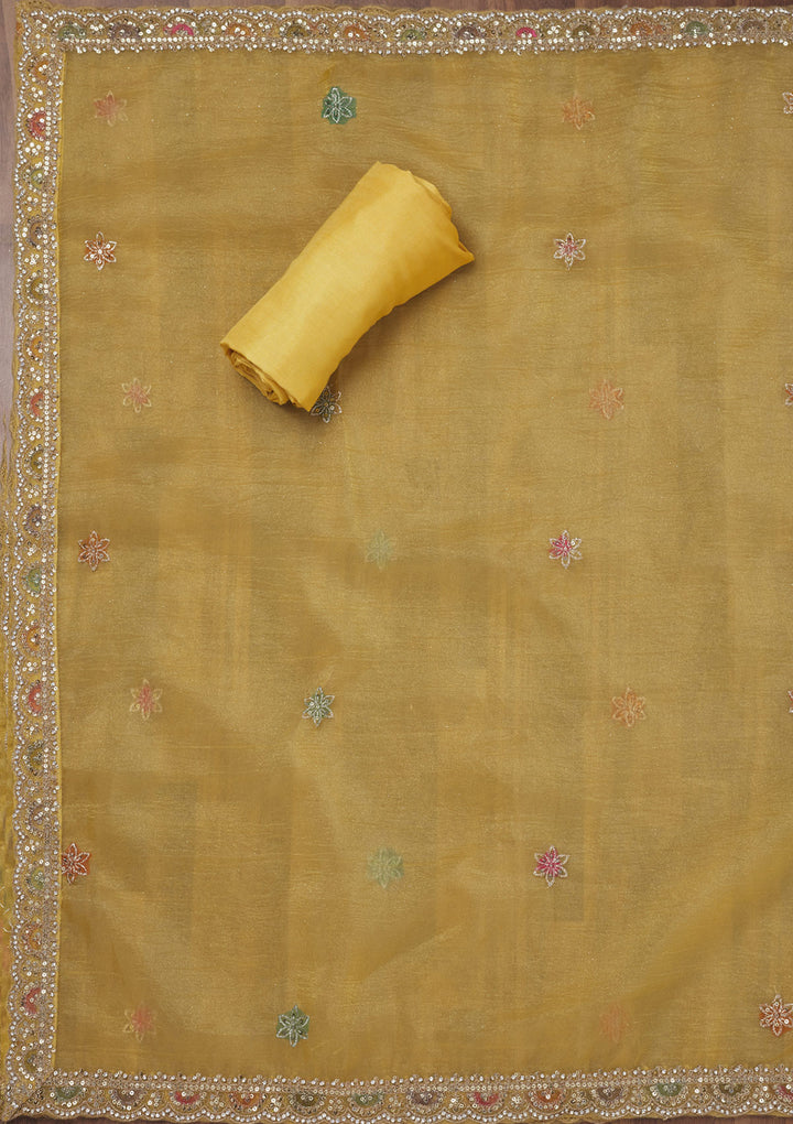 Yellow Zariwork Semi Crepe Unstitched Salwar Suit