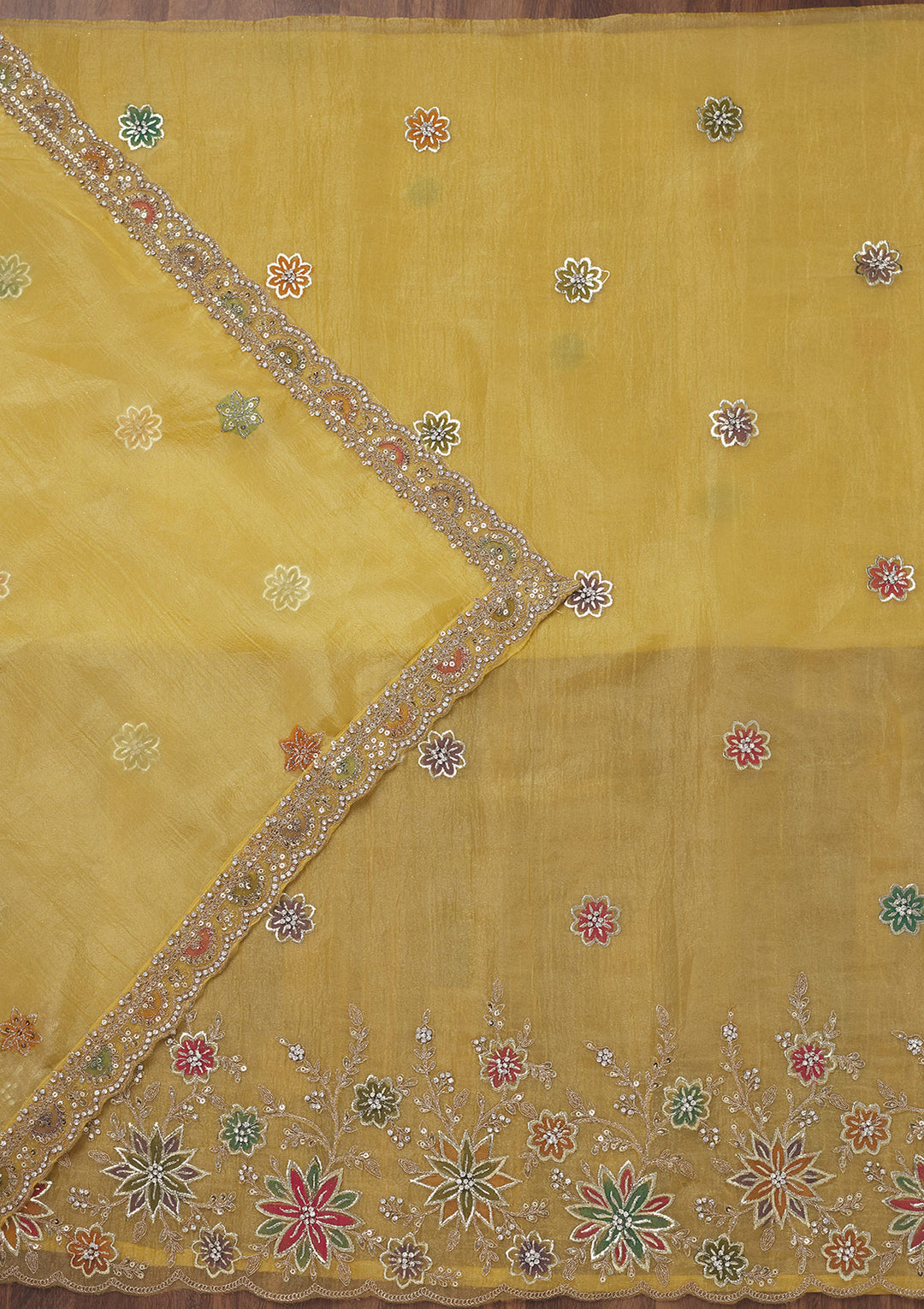 Yellow Zariwork Semi Crepe Unstitched Salwar Suit