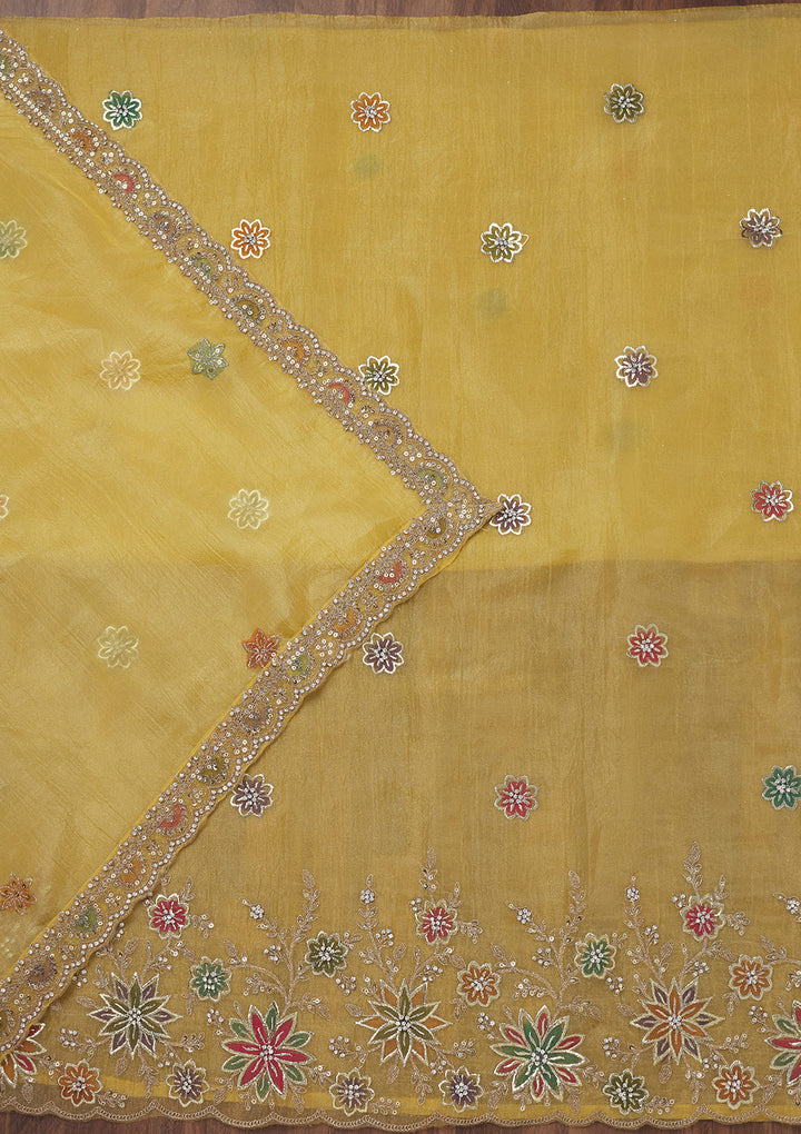 Yellow Zariwork Semi Crepe Unstitched Salwar Suit
