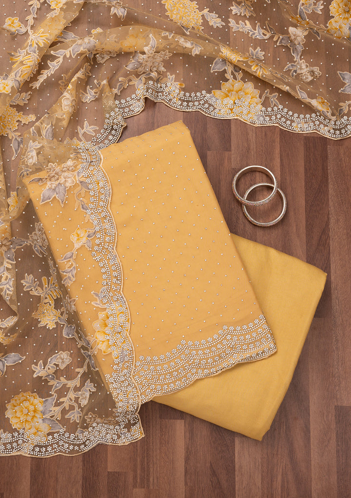 Yellow Zariwork Semi Crepe Unstitched Salwar Suit