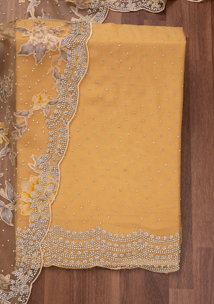 Yellow Zariwork Semi Crepe Unstitched Salwar Suit