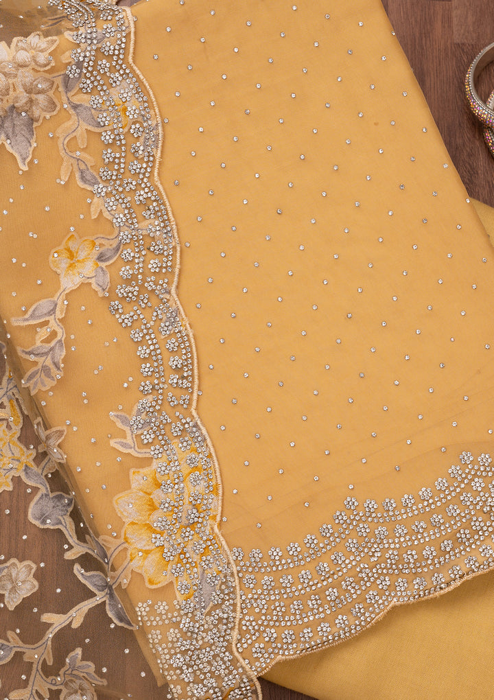 Yellow Zariwork Semi Crepe Unstitched Salwar Suit