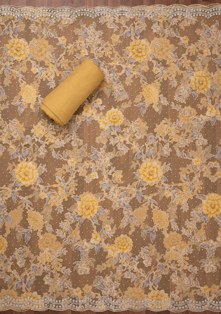 Yellow Zariwork Semi Crepe Unstitched Salwar Suit
