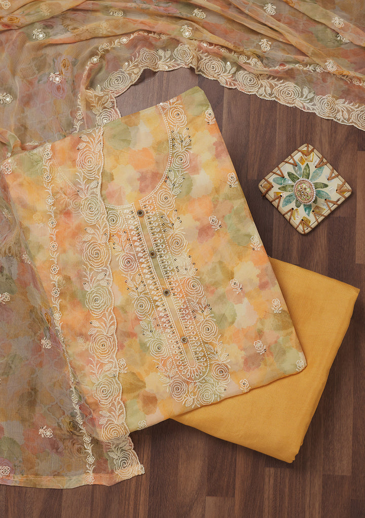 Yellow Zariwork Semi Crepe Unstitched Salwar Suit