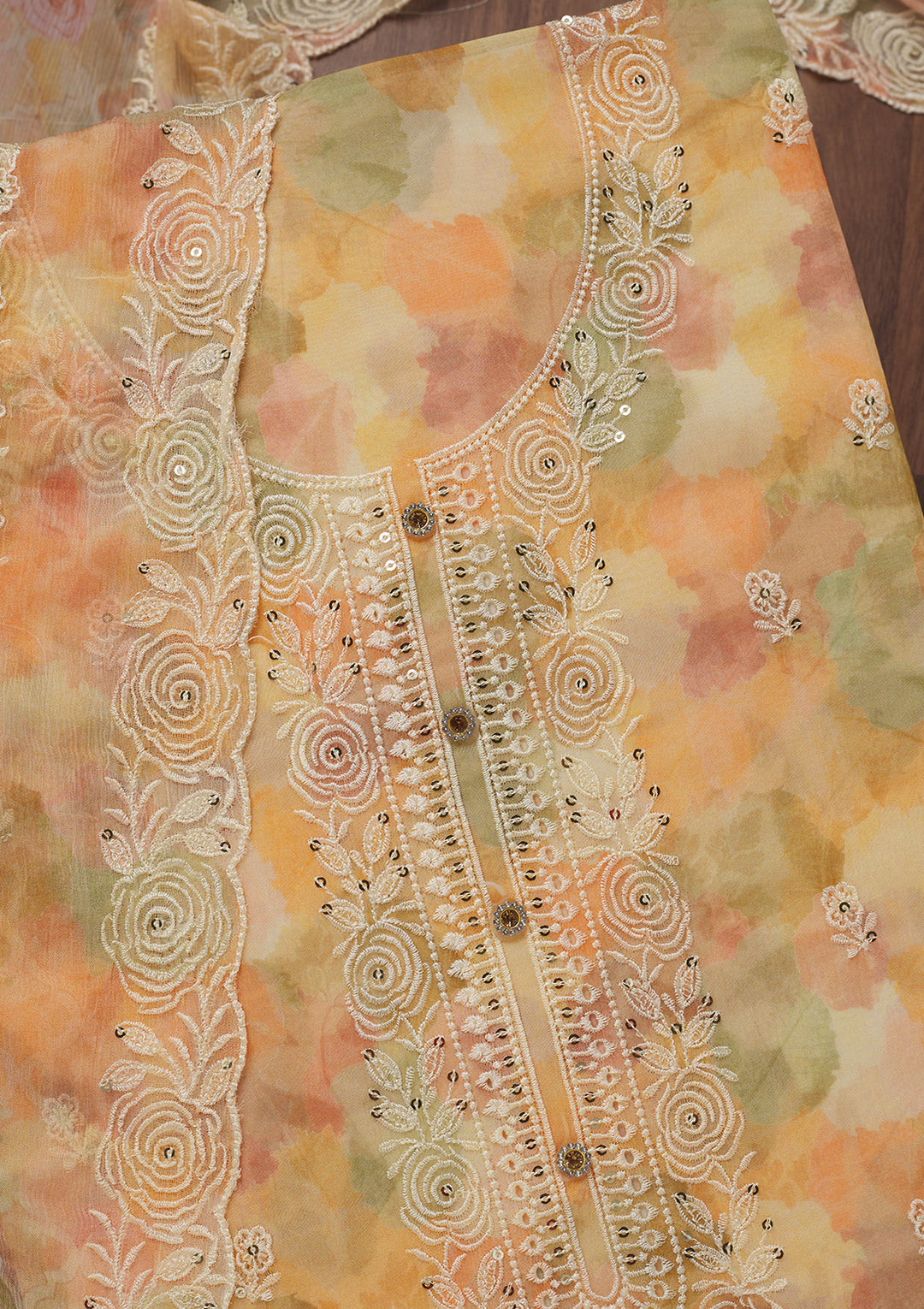 Yellow Zariwork Semi Crepe Unstitched Salwar Suit