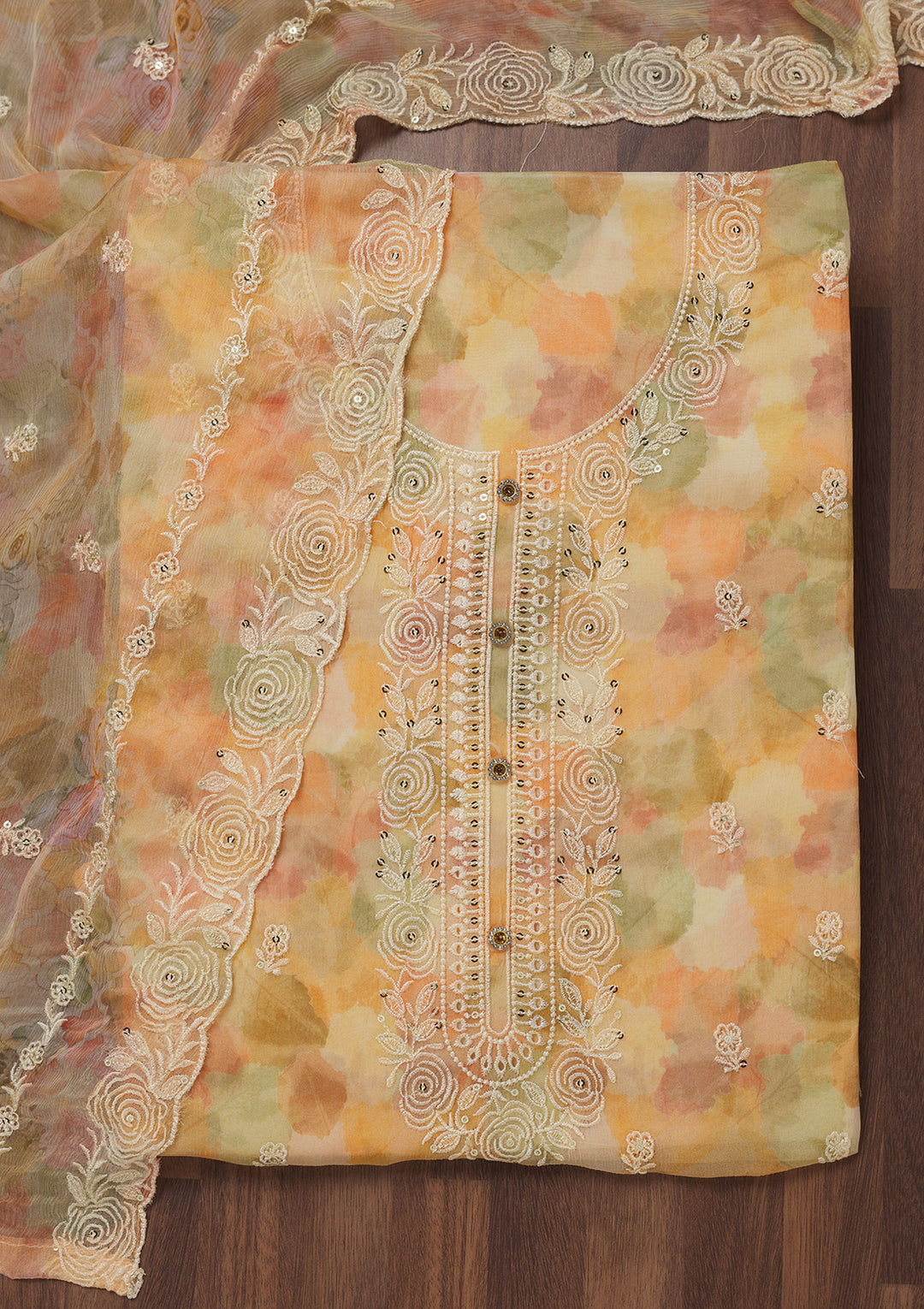Yellow Zariwork Semi Crepe Unstitched Salwar Suit