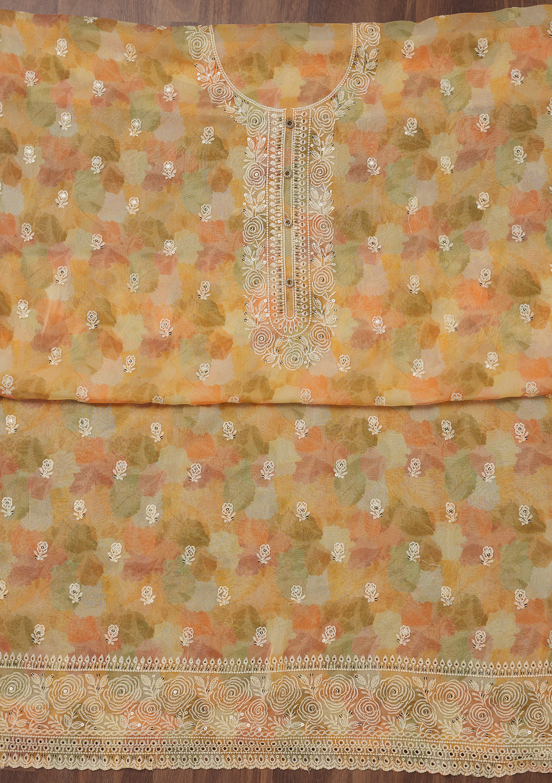 Yellow Zariwork Semi Crepe Unstitched Salwar Suit