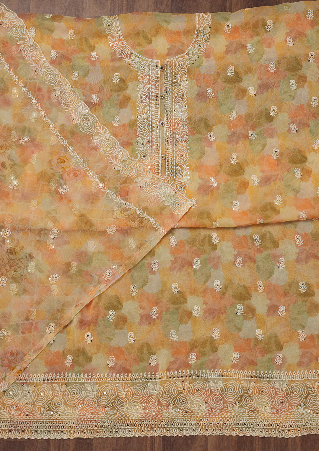 Yellow Zariwork Semi Crepe Unstitched Salwar Suit