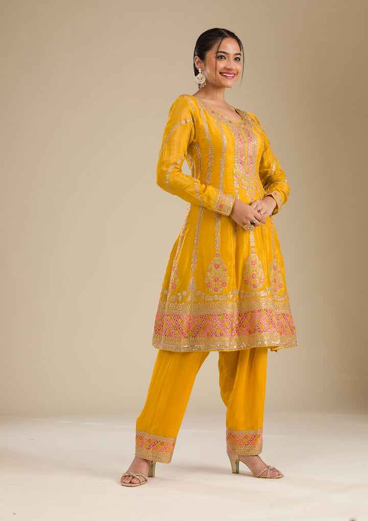 Yellow Zariwork Tissue Readymade Salwar Suit