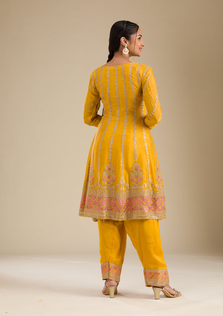Yellow Zariwork Tissue Readymade Salwar Suit