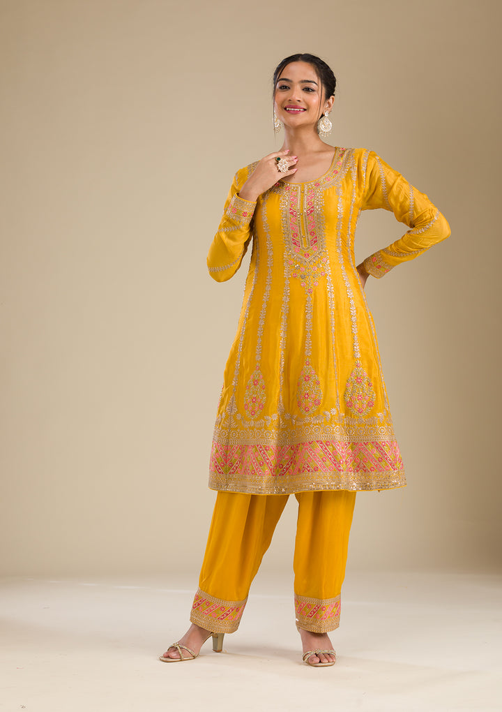 Yellow Zariwork Tissue Readymade Salwar Suit