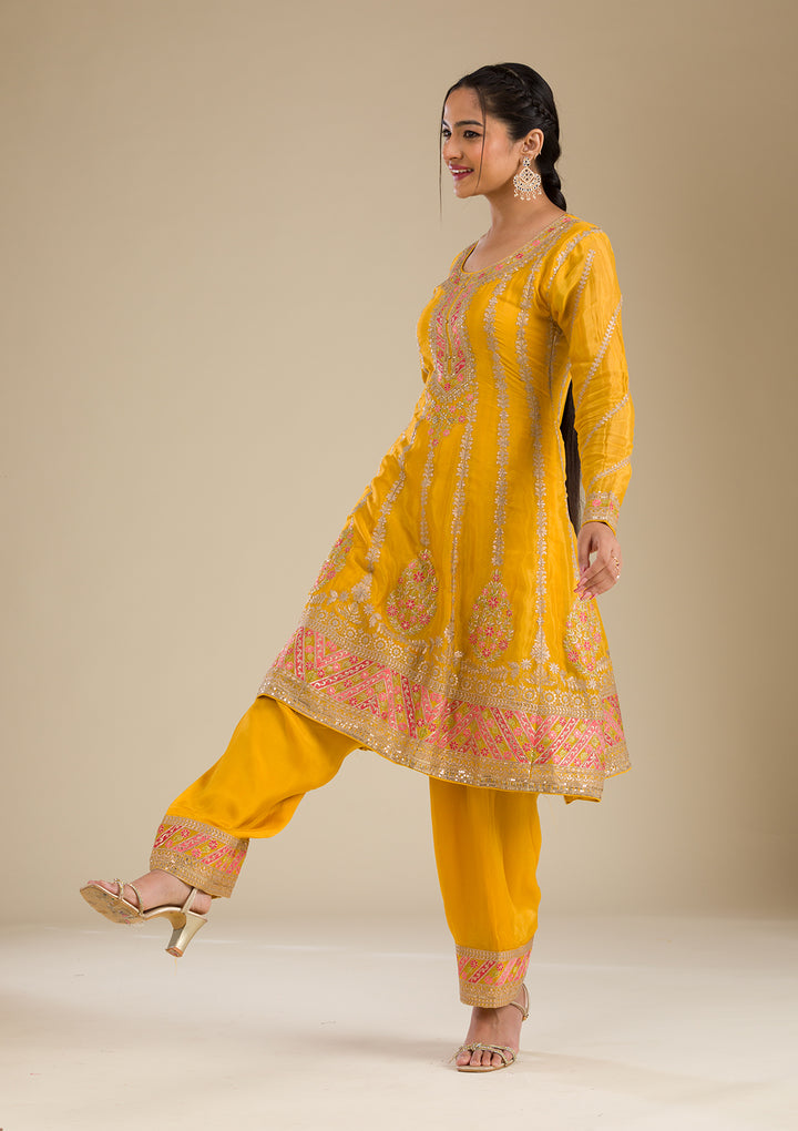 Yellow Zariwork Tissue Readymade Salwar Suit