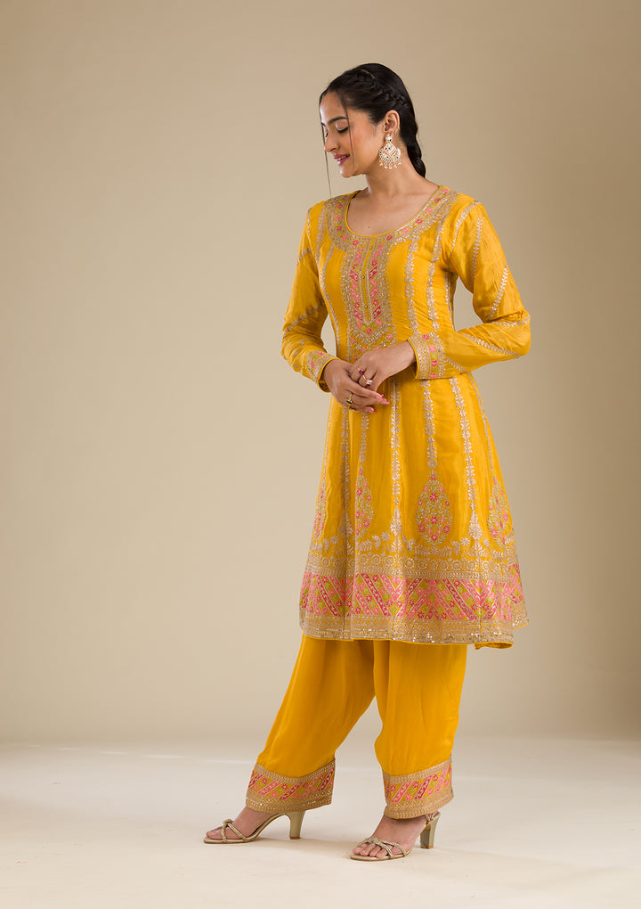 Yellow Zariwork Tissue Readymade Salwar Suit