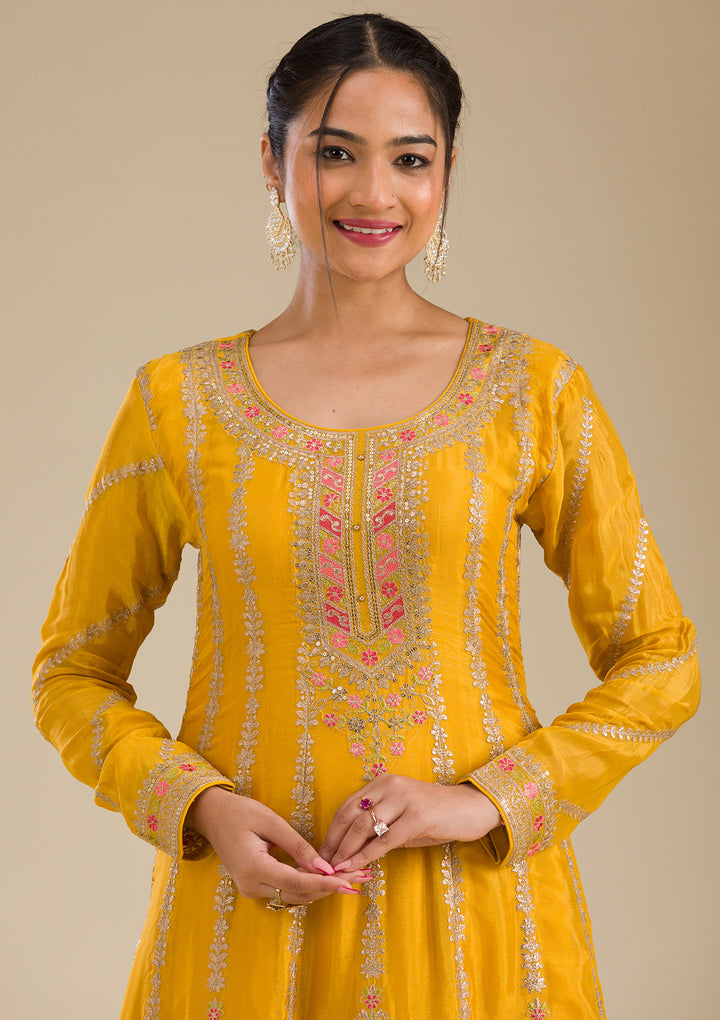 Yellow Zariwork Tissue Readymade Salwar Suit
