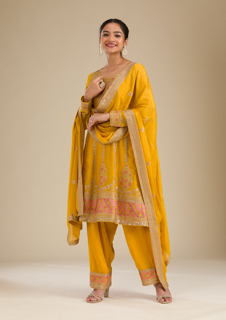 Yellow Zariwork Tissue Readymade Salwar Suit