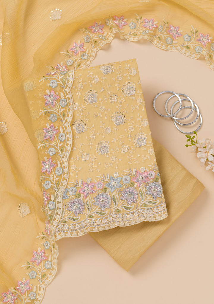 Yellow Zariwork Tissue Unstitched Salwar Suit