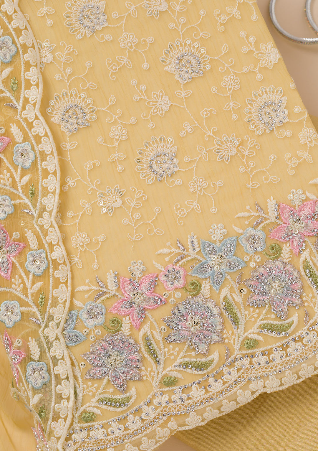 Yellow Zariwork Tissue Unstitched Salwar Suit