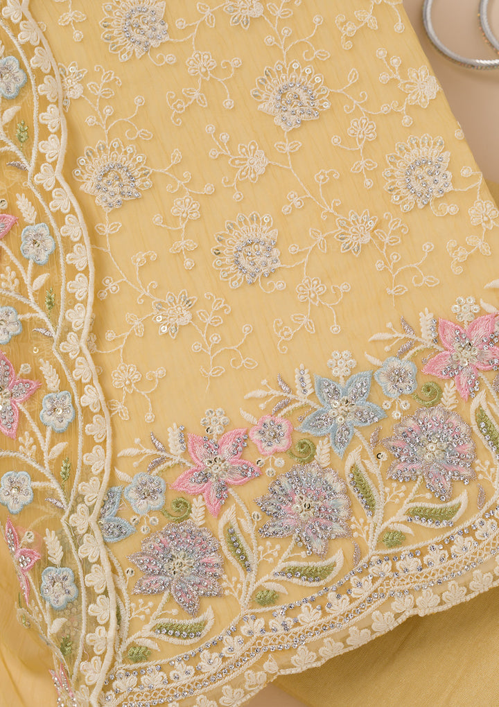Yellow Zariwork Tissue Unstitched Salwar Suit