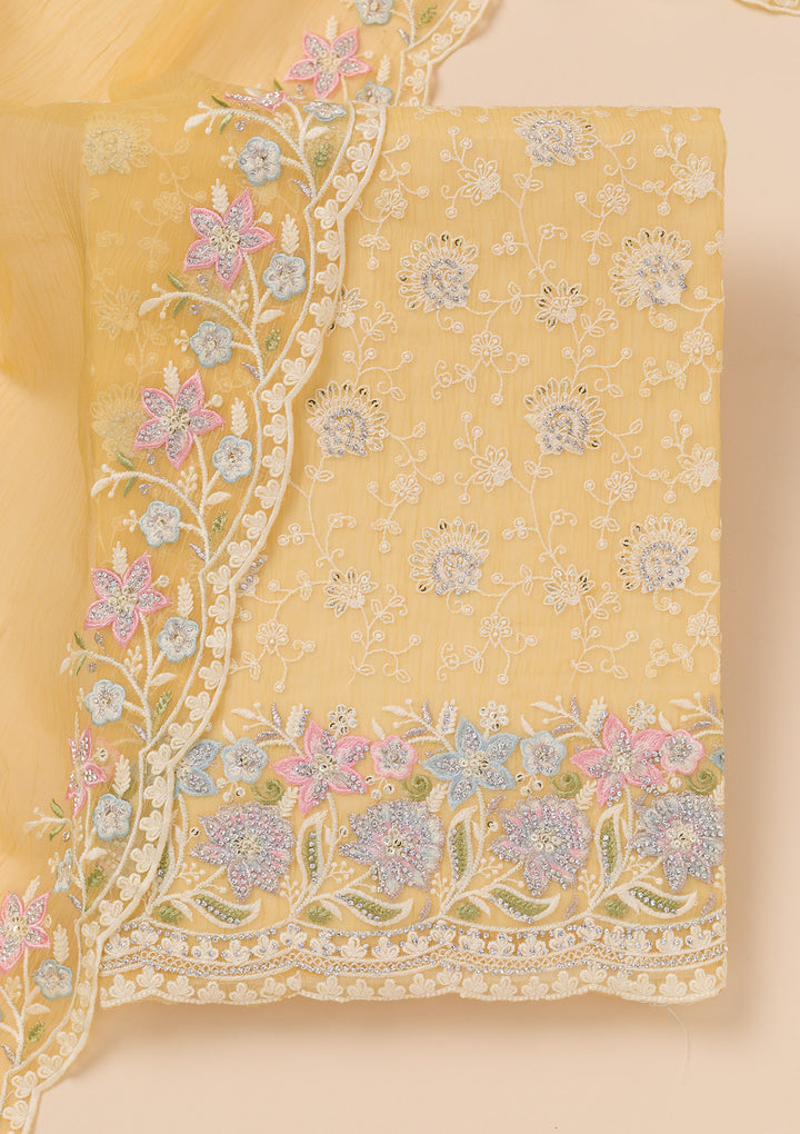 Yellow Zariwork Tissue Unstitched Salwar Suit
