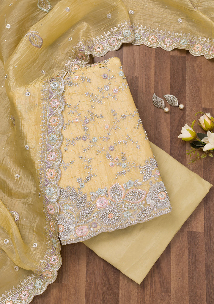 Yellow Zariwork Tissue Unstitched Salwar Suit