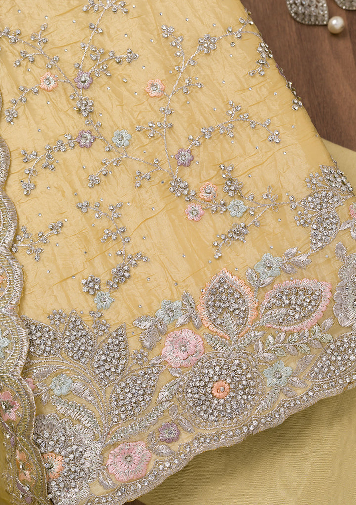 Yellow Zariwork Tissue Unstitched Salwar Suit