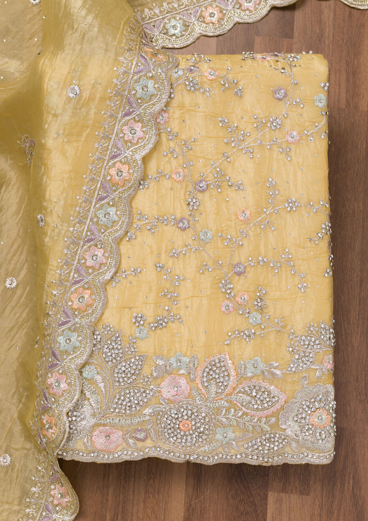 Yellow Zariwork Tissue Unstitched Salwar Suit
