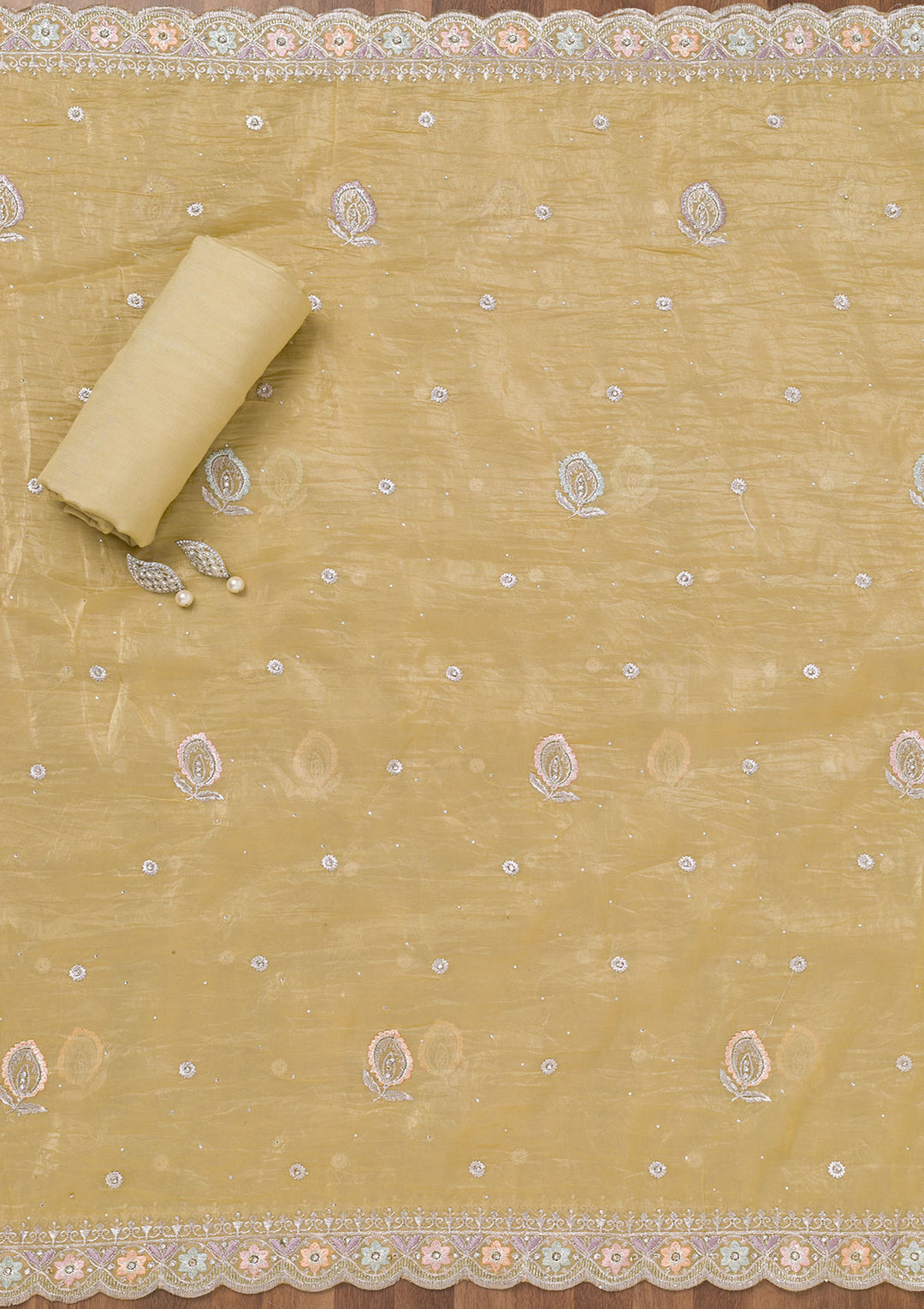 Yellow Zariwork Tissue Unstitched Salwar Suit