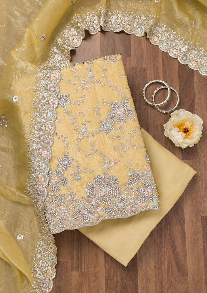Yellow Zariwork Tissue Unstitched Salwar Suit