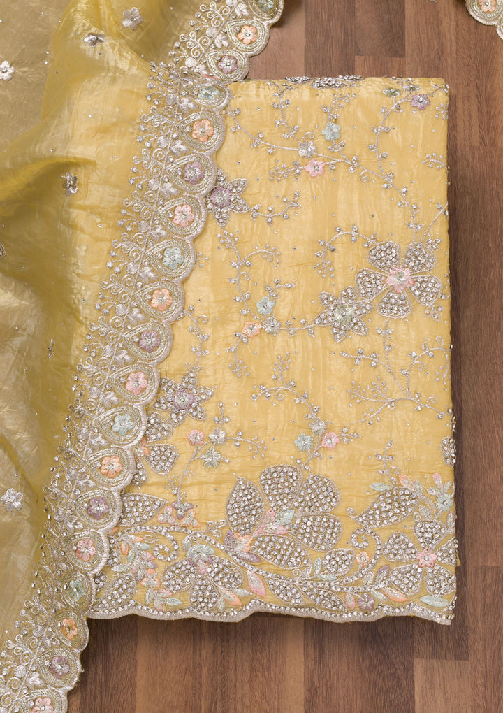 Yellow Zariwork Tissue Unstitched Salwar Suit
