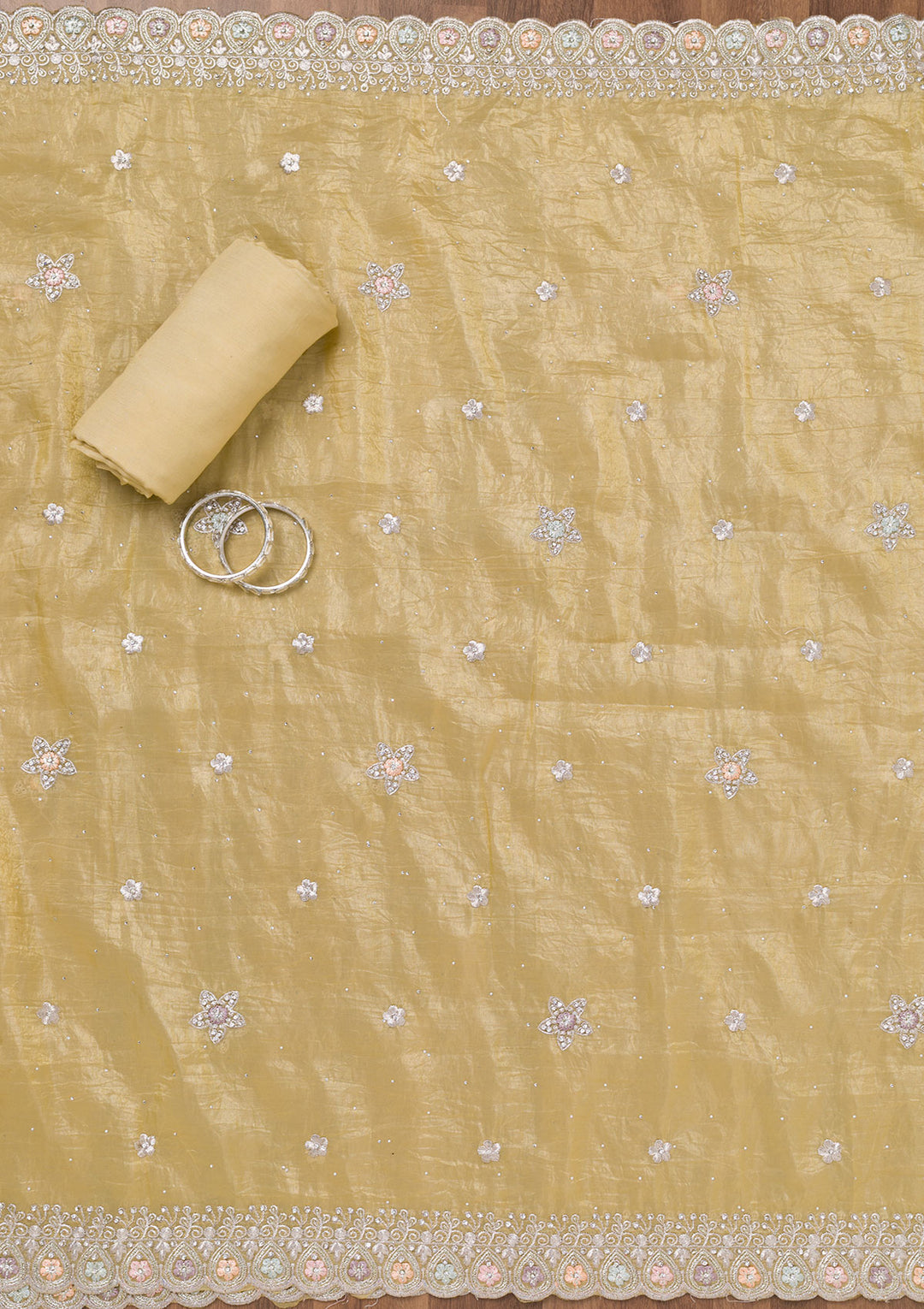 Yellow Zariwork Tissue Unstitched Salwar Suit