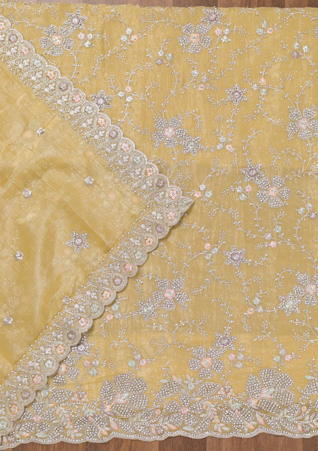 Yellow Zariwork Tissue Unstitched Salwar Suit