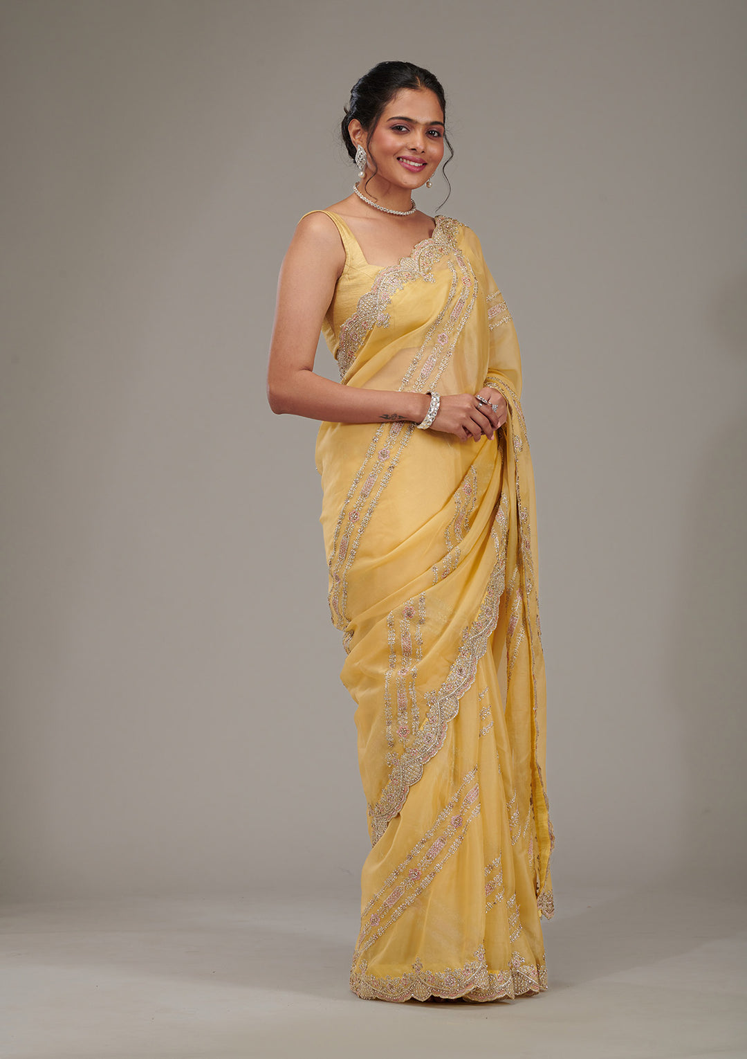 Yellow Zariwork Tissue Saree