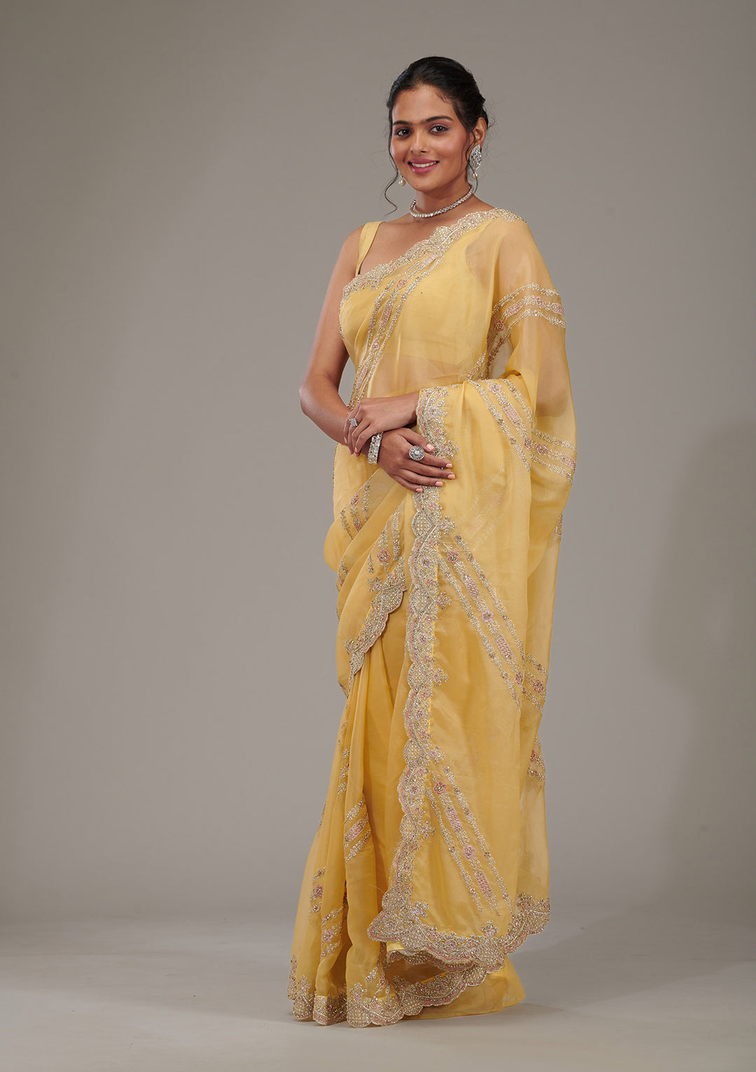 Yellow Zariwork Tissue Saree